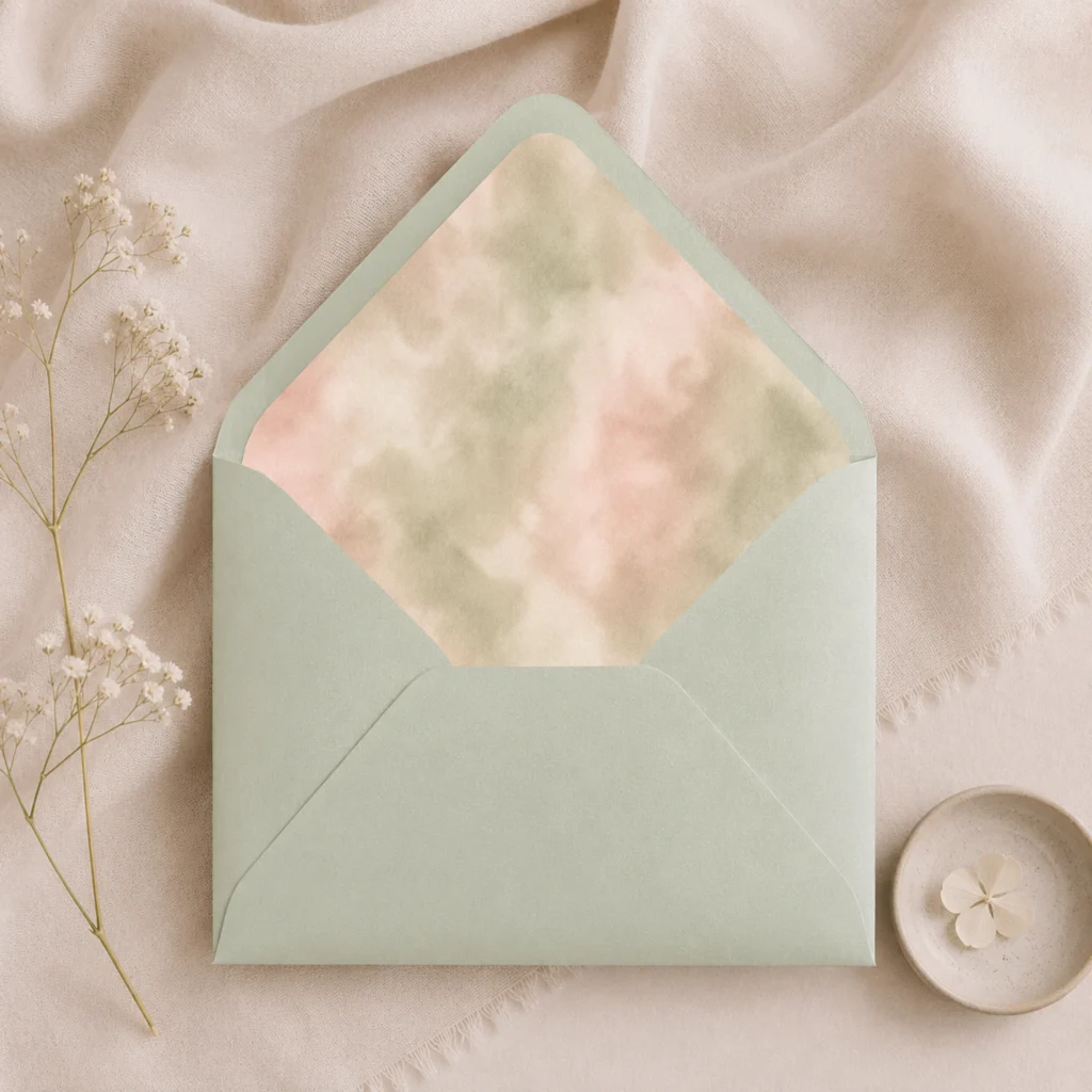 Mint Metallic envelope with the Sage Blush Envelope Liner Template featuring soft watercolor sage green, blush pink, cream, and beige tones for elegant wedding invitations.