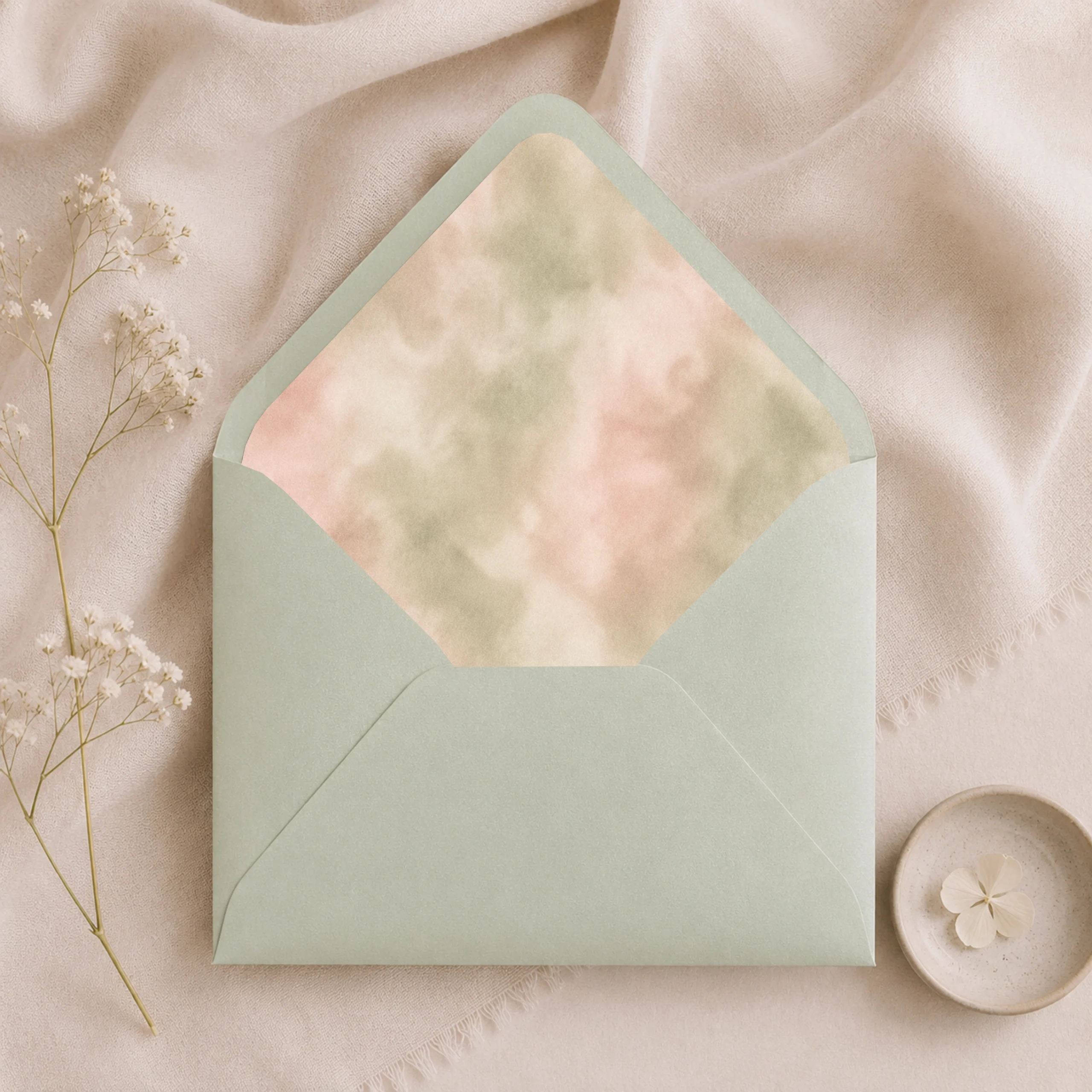 Mint Metallic envelope with the Sage Blush Envelope Liner Template featuring soft watercolor sage green, blush pink, cream, and beige tones for elegant wedding invitations.