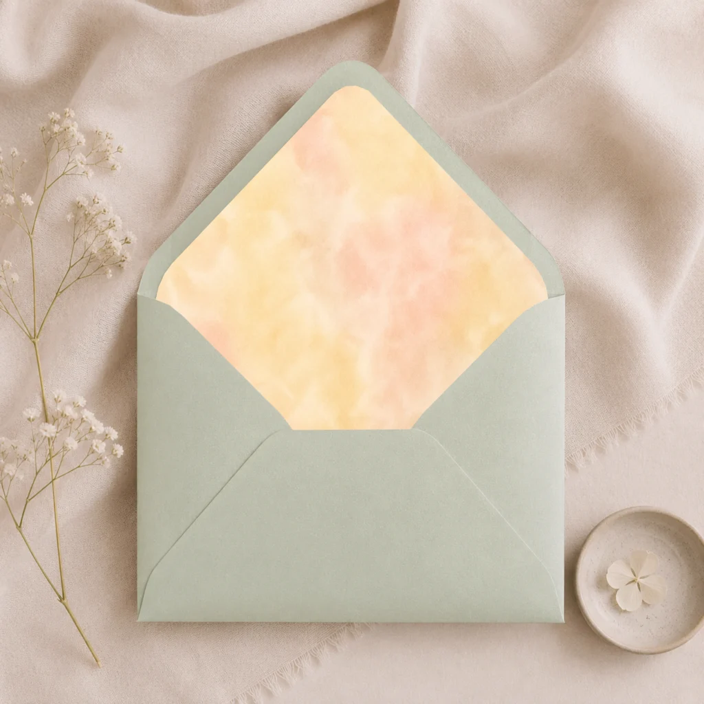 Butter Blush Envelope Liner Template displayed inside a Metallic Mint envelope featuring soft butter yellow and blush watercolor tones for elegant wedding invitations.