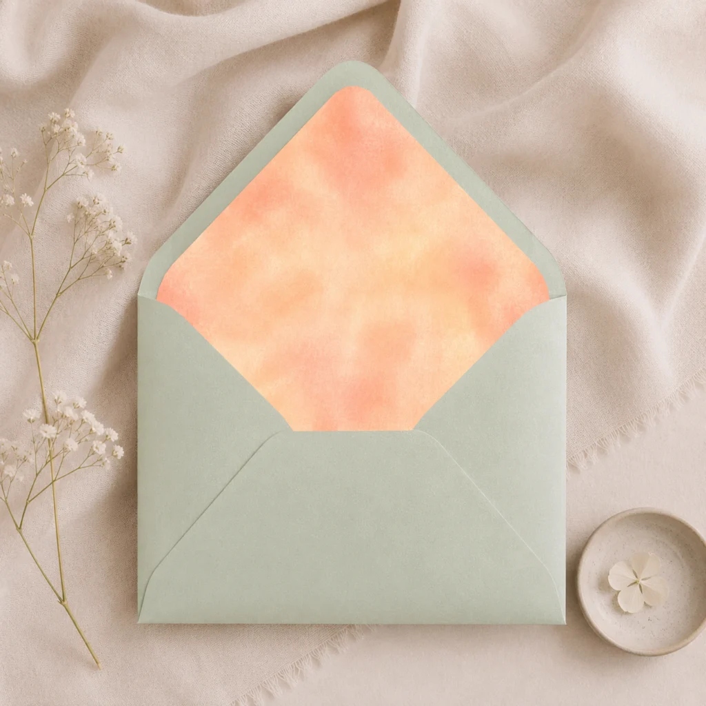 Mint Metallic envelope featuring the Champagne Peach Envelope Liner Template with soft peach, champagne, and watercolor tones for elegant wedding invitations.