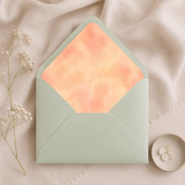 Mint Metallic envelope featuring the Champagne Peach Envelope Liner Template with soft peach, champagne, and watercolor tones for elegant wedding invitations.