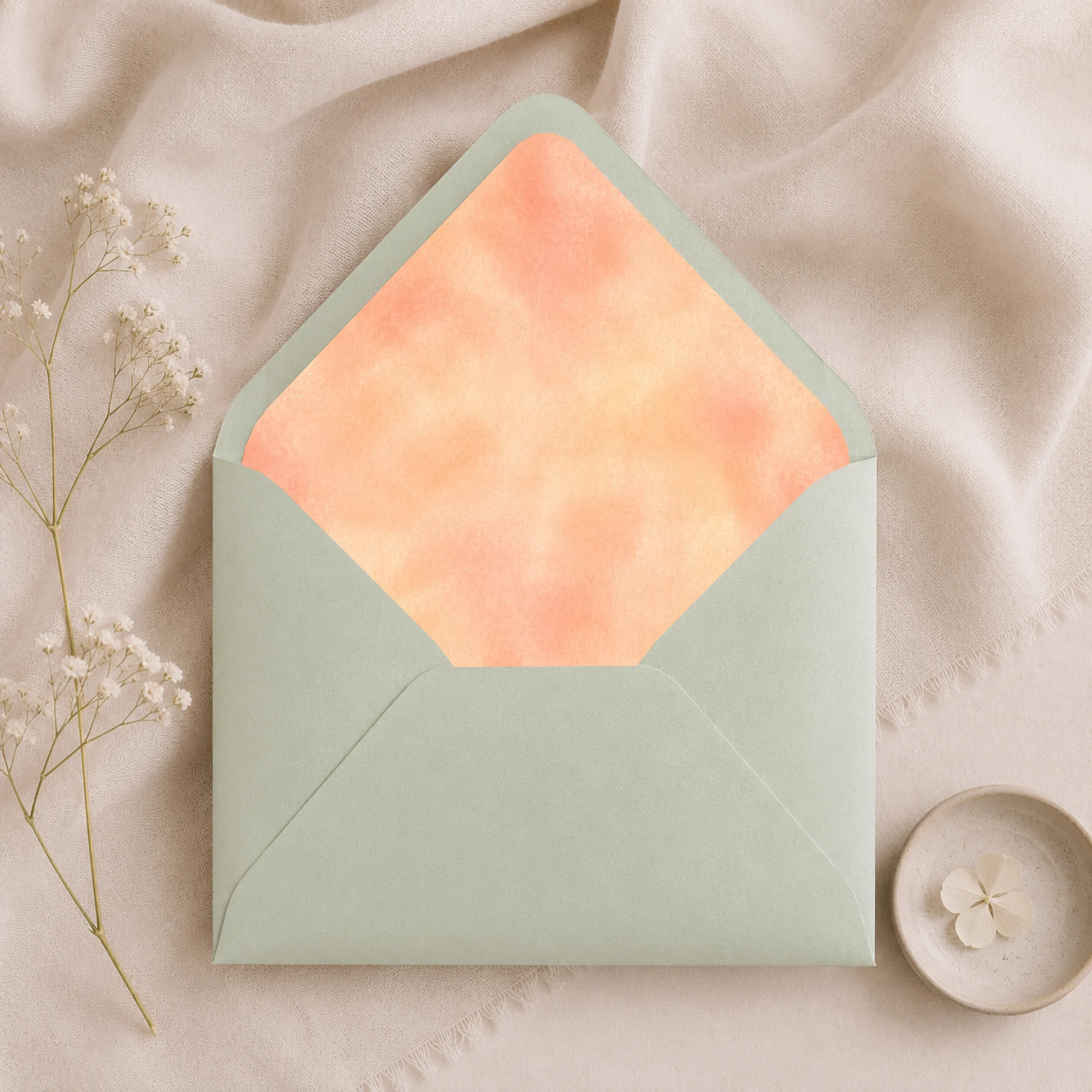 Mint Metallic envelope featuring the Champagne Peach Envelope Liner Template with soft peach, champagne, and watercolor tones for elegant wedding invitations.