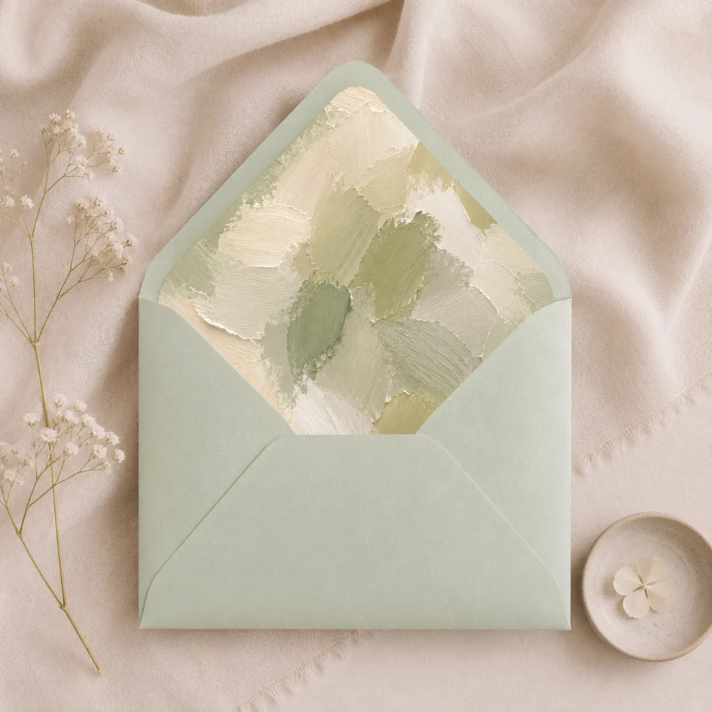 Mint Metallic envelope featuring the Sage Canvas Envelope Liner Template with textured sage green, olive, ivory, and cream brushstroke artwork for elegant wedding invitations.
