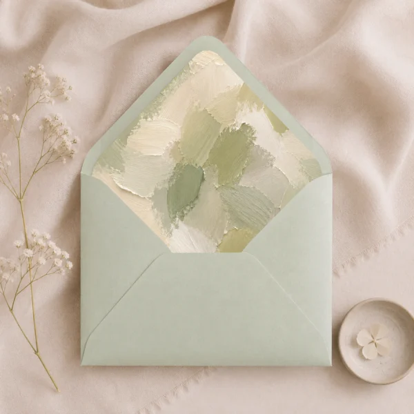 Mint Metallic envelope featuring the Sage Canvas Envelope Liner Template with textured sage green, olive, ivory, and cream brushstroke artwork for elegant wedding invitations.