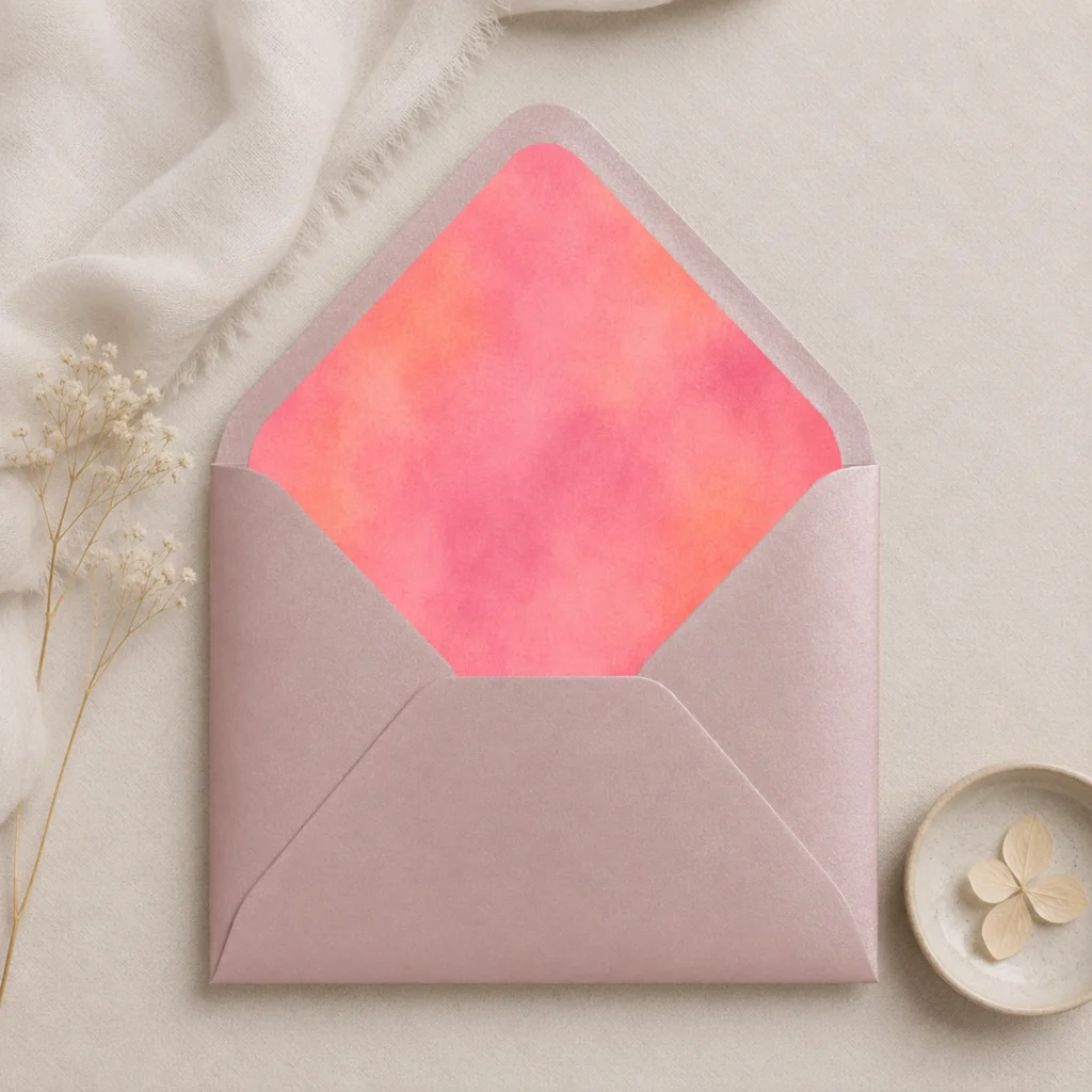 Blush Velvet envelope liner inside a metallic rose Euro flap envelope, creating a soft and romantic combination for elegant wedding invitations and luxury stationery.