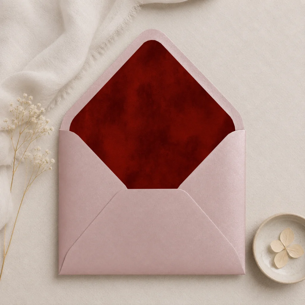 Metallic Rose envelope with the Burgundy Velvet Envelope Liner Template featuring a rich deep burgundy watercolor texture for elegant wedding invitations.