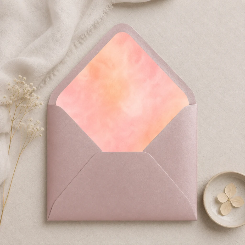 Metallic Rose envelope with Apricot Blush watercolor envelope liner in soft peach and blush tones, creating a romantic wedding invitation presentation.