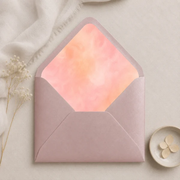 Metallic Rose envelope with Apricot Blush watercolor envelope liner in soft peach and blush tones, creating a romantic wedding invitation presentation.