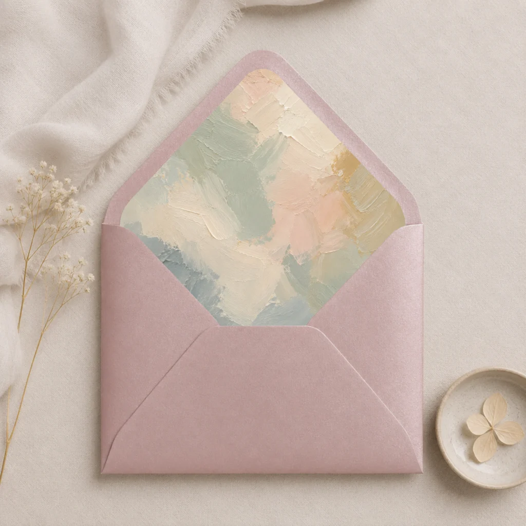 Metallic Rose envelope with Painter's Blush envelope liner featuring textured brushstrokes in sage green, ivory, blush, beige, muted blue, and soft gold for elegant wedding invitations.