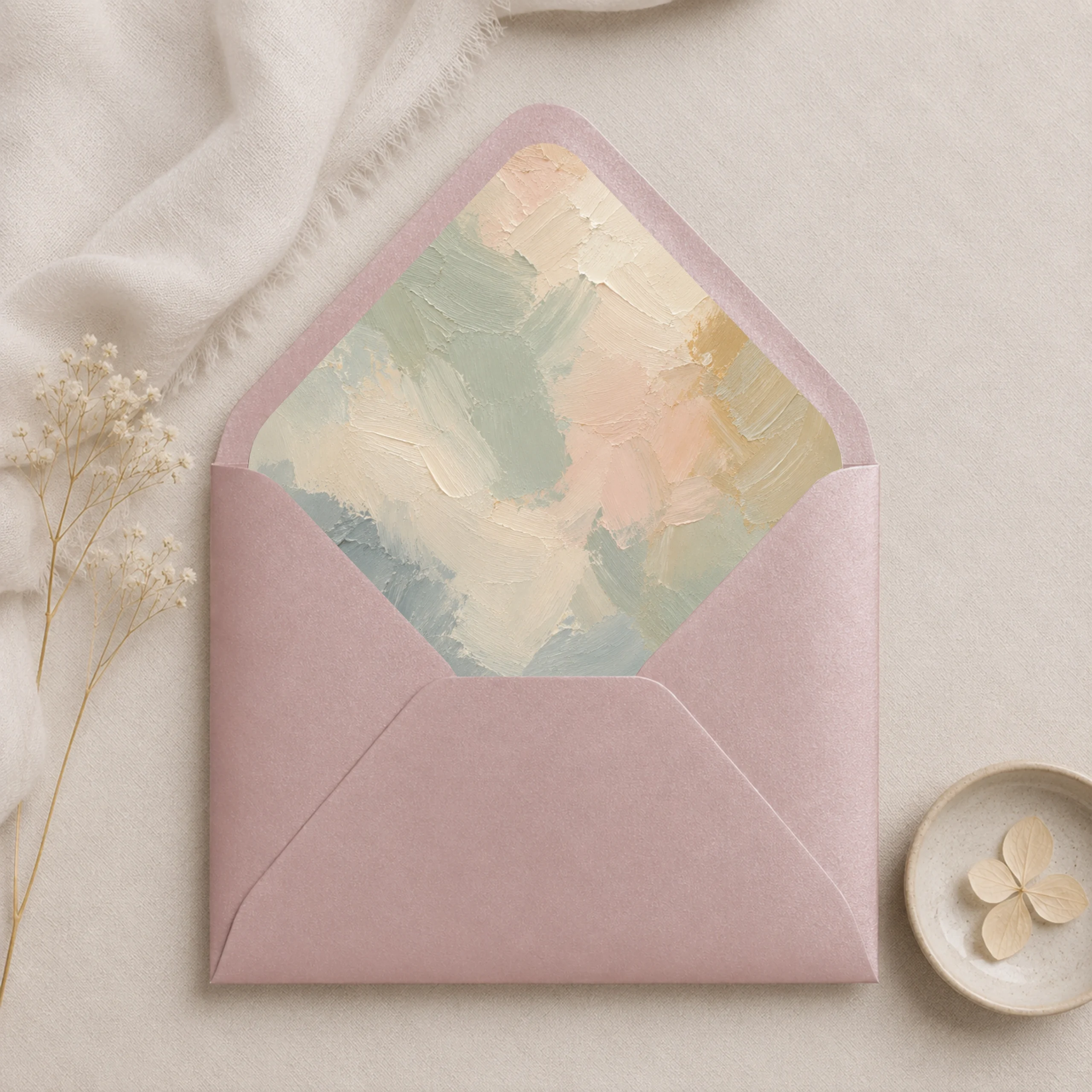 Metallic Rose envelope with Painter's Blush envelope liner featuring textured brushstrokes in sage green, ivory, blush, beige, muted blue, and soft gold for elegant wedding invitations.