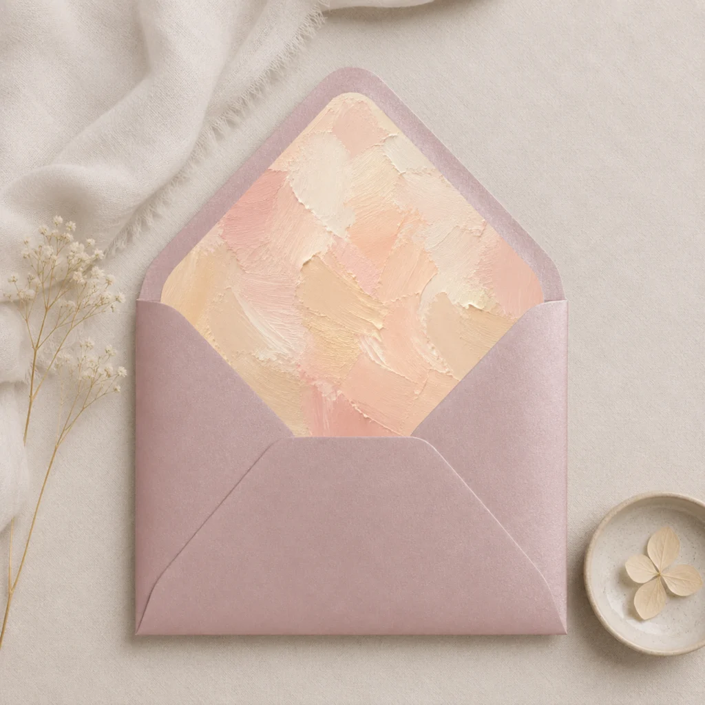Metallic Rose envelope with the Champagne Canvas envelope liner featuring painterly brushstrokes in champagne, blush pink, ivory, and warm cream, styled for elegant wedding invitations.