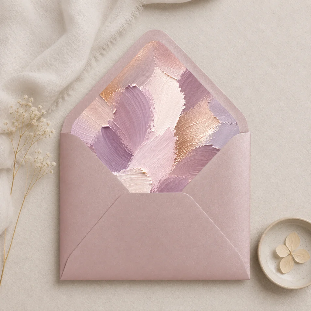 Metallic Rose envelope with the Lavender Canvas envelope liner featuring textured painterly brushstrokes in lavender, mauve, champagne, blush pink, ivory, and warm taupe, styled for elegant wedding invitations.