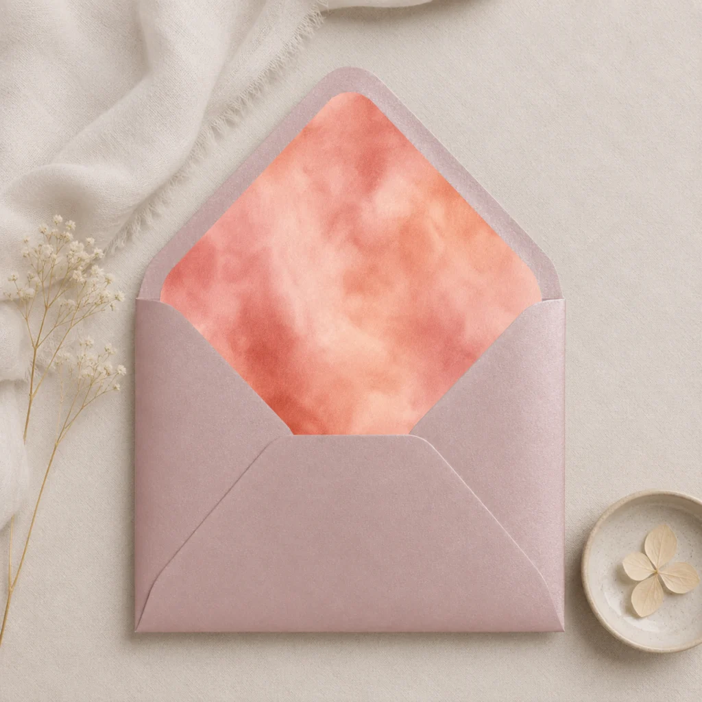 Metallic Rose envelope with the Terracotta Blush envelope liner featuring a soft watercolor blend of terracotta, coral, blush pink, peach, and warm rose tones, styled for elegant wedding invitations.
