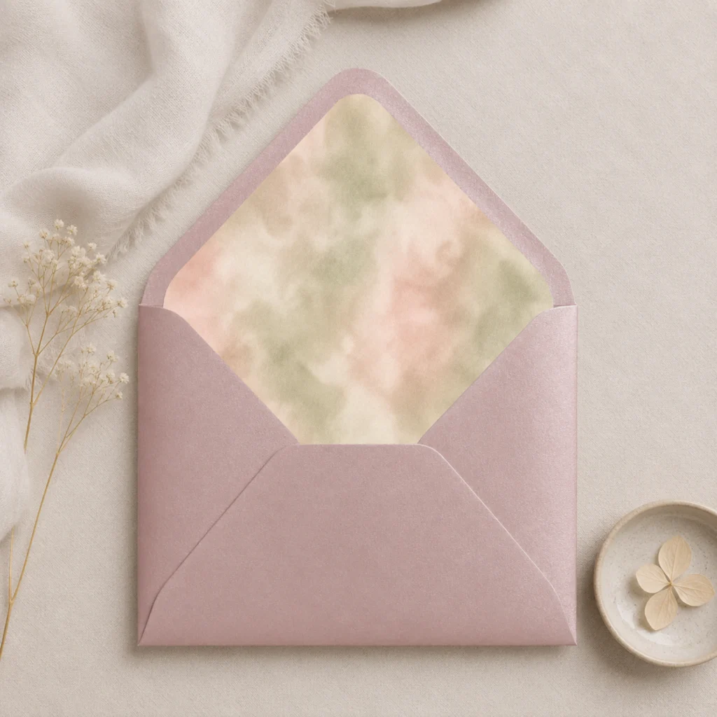 Metallic Rose envelope with the Sage Blush Envelope Liner Template featuring soft watercolor sage green, blush pink, cream, and beige tones for elegant wedding invitations.