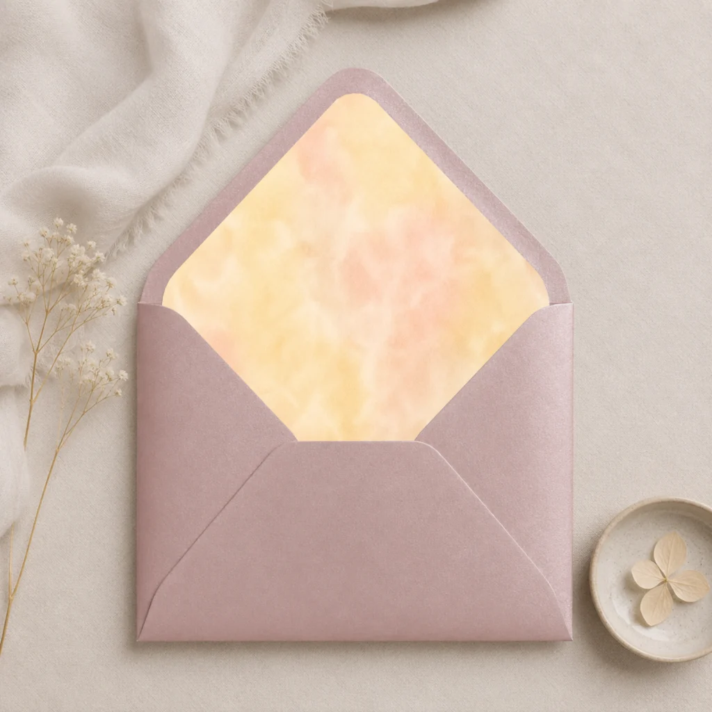 Butter Blush Envelope Liner Template displayed inside a Metallic Rose envelope featuring soft butter yellow and blush watercolor tones for elegant wedding invitations.