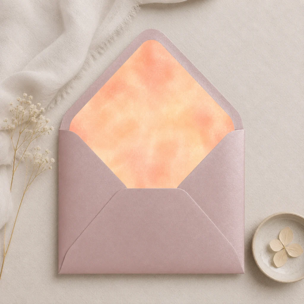 Metallic Rose envelope featuring the Champagne Peach Envelope Liner Template with soft champagne and peach watercolor artwork for elegant wedding invitations.