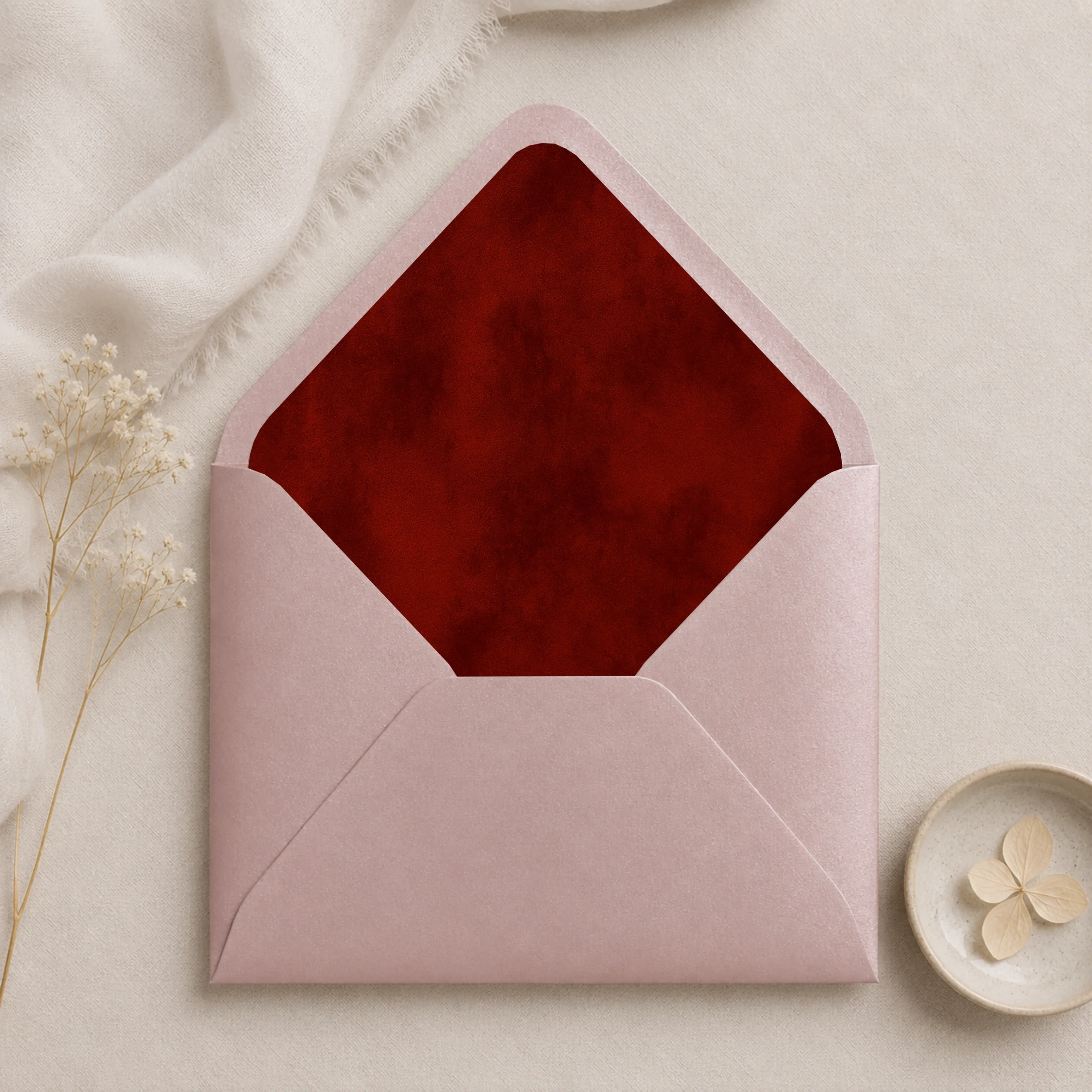 Metallic Rose envelope with the Burgundy Velvet Envelope Liner Template featuring a rich deep burgundy watercolor texture for elegant wedding invitations.