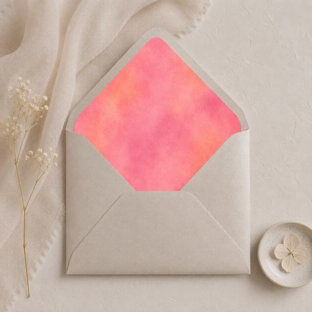 Blush Velvet envelope liner inside a metallic sand Euro flap envelope, offering a soft, romantic look for wedding invitations and elegant stationery.