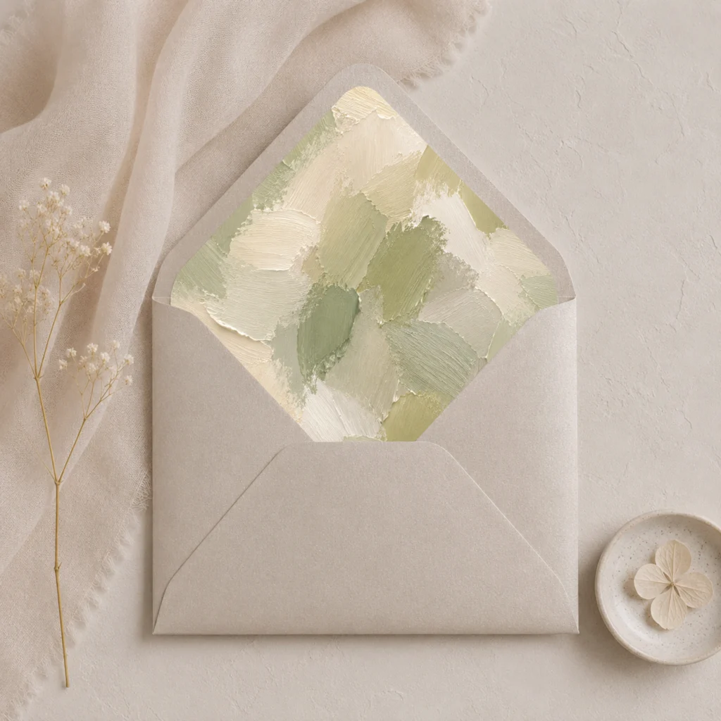 Metallic Sand envelope featuring the Sage Canvas Envelope Liner Template with textured sage green, ivory, and cream brushstroke artwork for elegant wedding invitations.