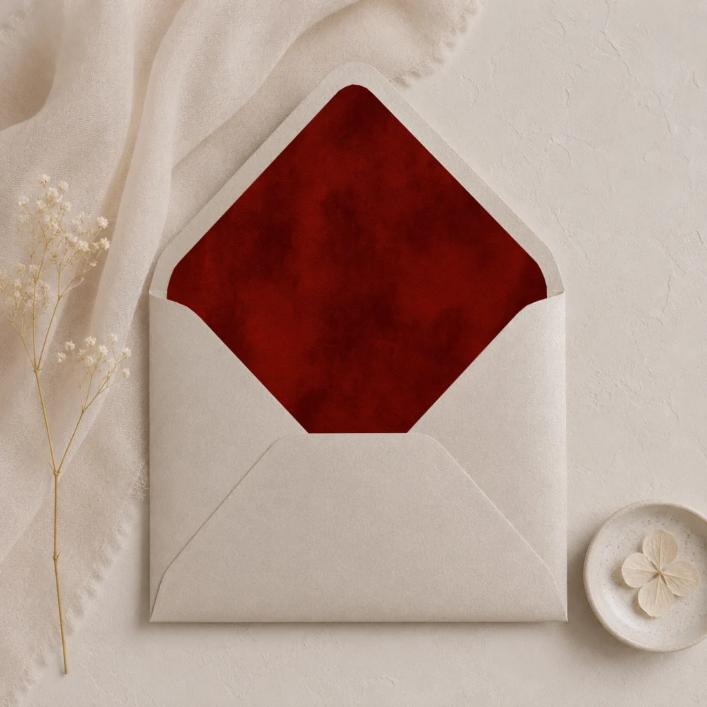 Metallic Sand envelope with the Burgundy Velvet Envelope Liner Template featuring a rich deep burgundy watercolor texture for elegant wedding invitations.