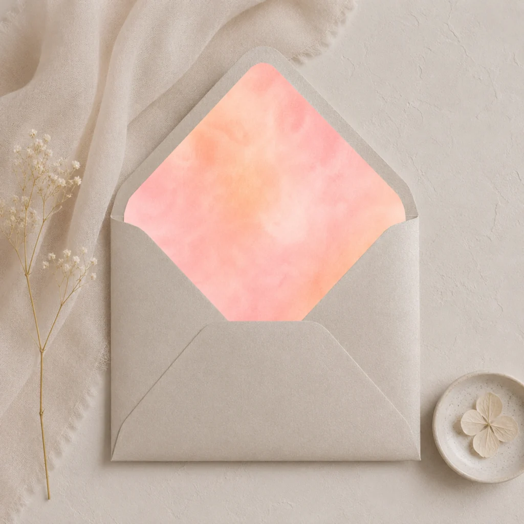 Metallic Sand envelope with Apricot Blush watercolor envelope liner in soft peach and blush tones, styled for elegant wedding invitations.