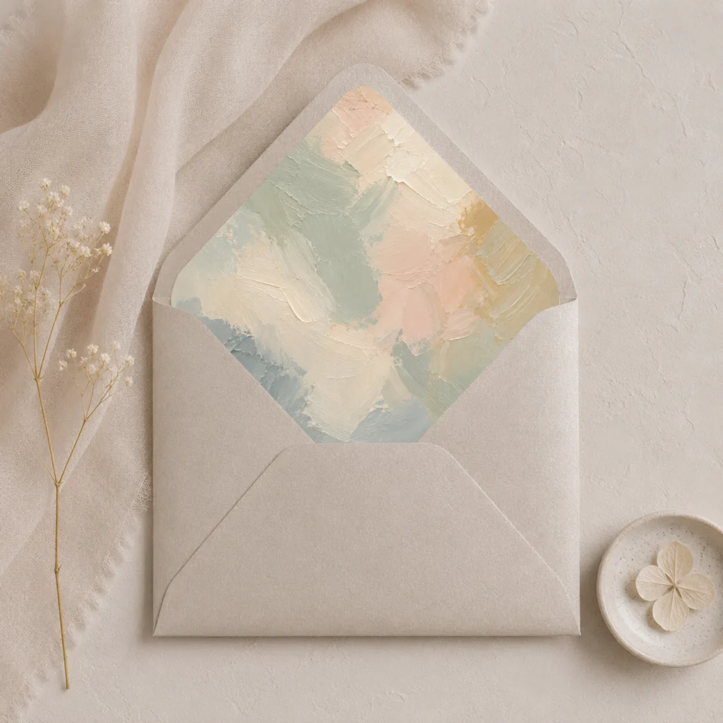 Metallic Sand envelope with Painter's Blush envelope liner featuring textured brushstrokes in sage green, ivory, blush, beige, muted blue, and soft gold for elegant wedding invitations.