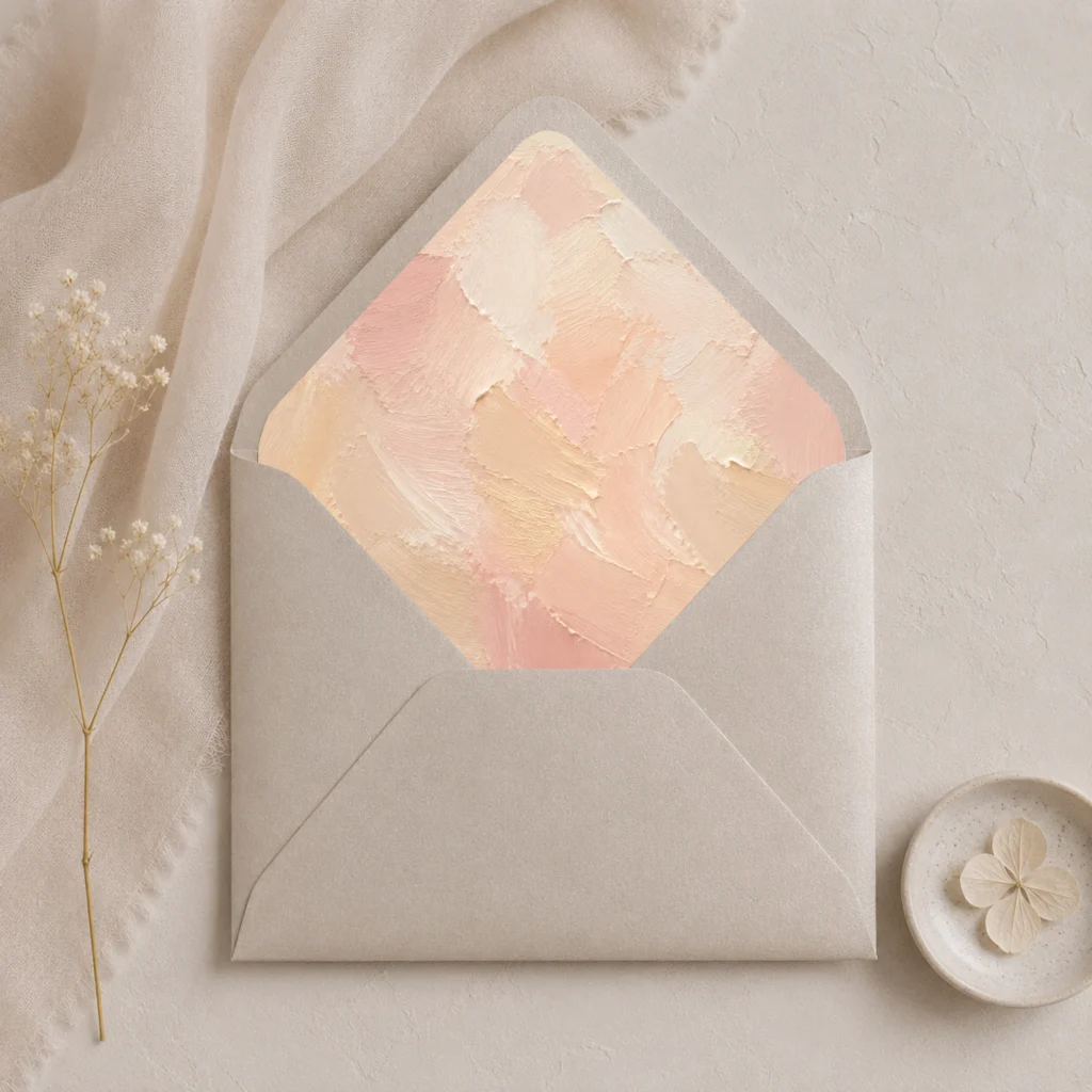 Metallic Sand envelope with the Champagne Canvas envelope liner featuring painterly brushstrokes in champagne, blush pink, ivory, and warm cream, styled for elegant wedding invitations.