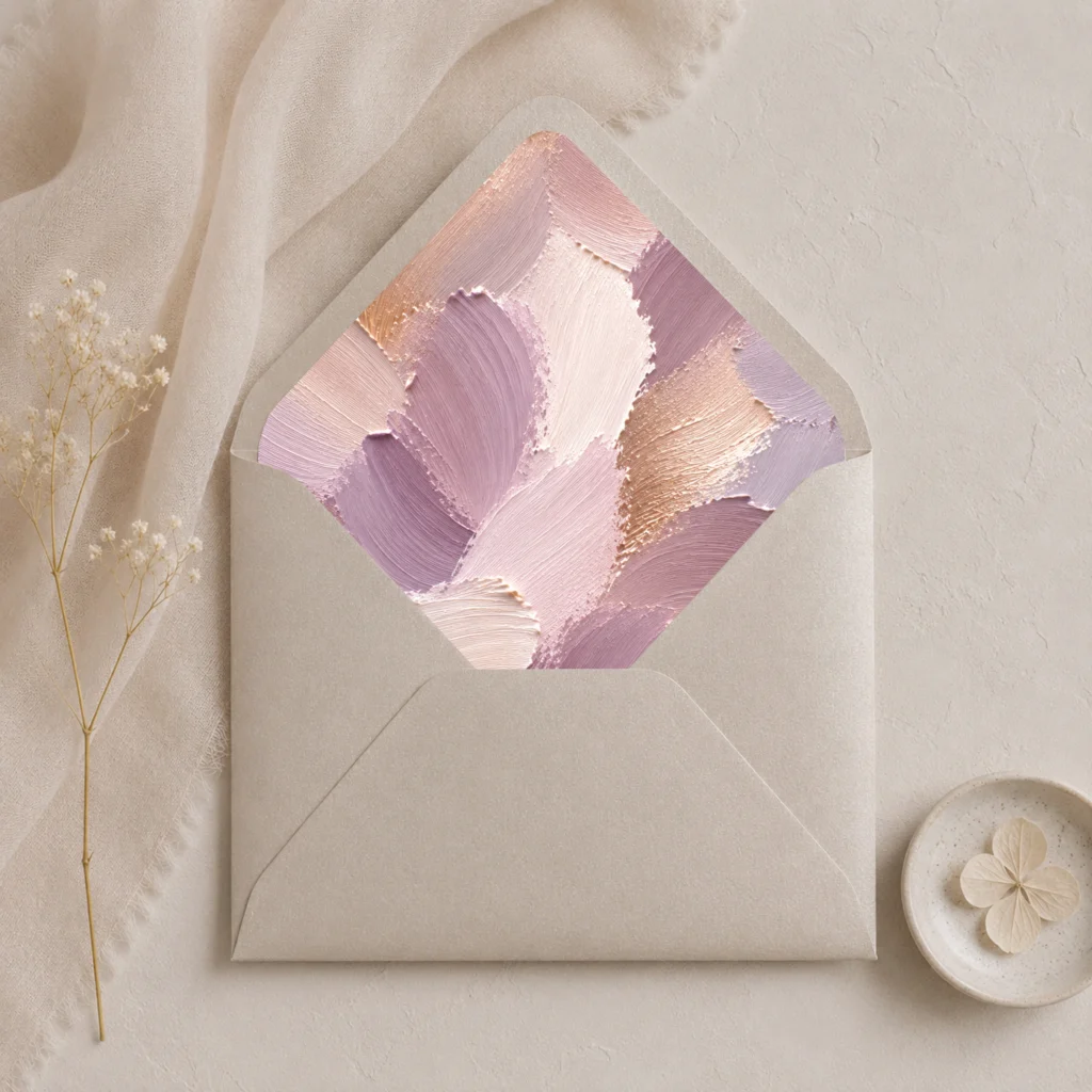 Metallic Sand envelope with the Lavender Canvas envelope liner featuring textured painterly brushstrokes in lavender, mauve, champagne, ivory, blush pink, and warm taupe, styled for elegant wedding invitations.