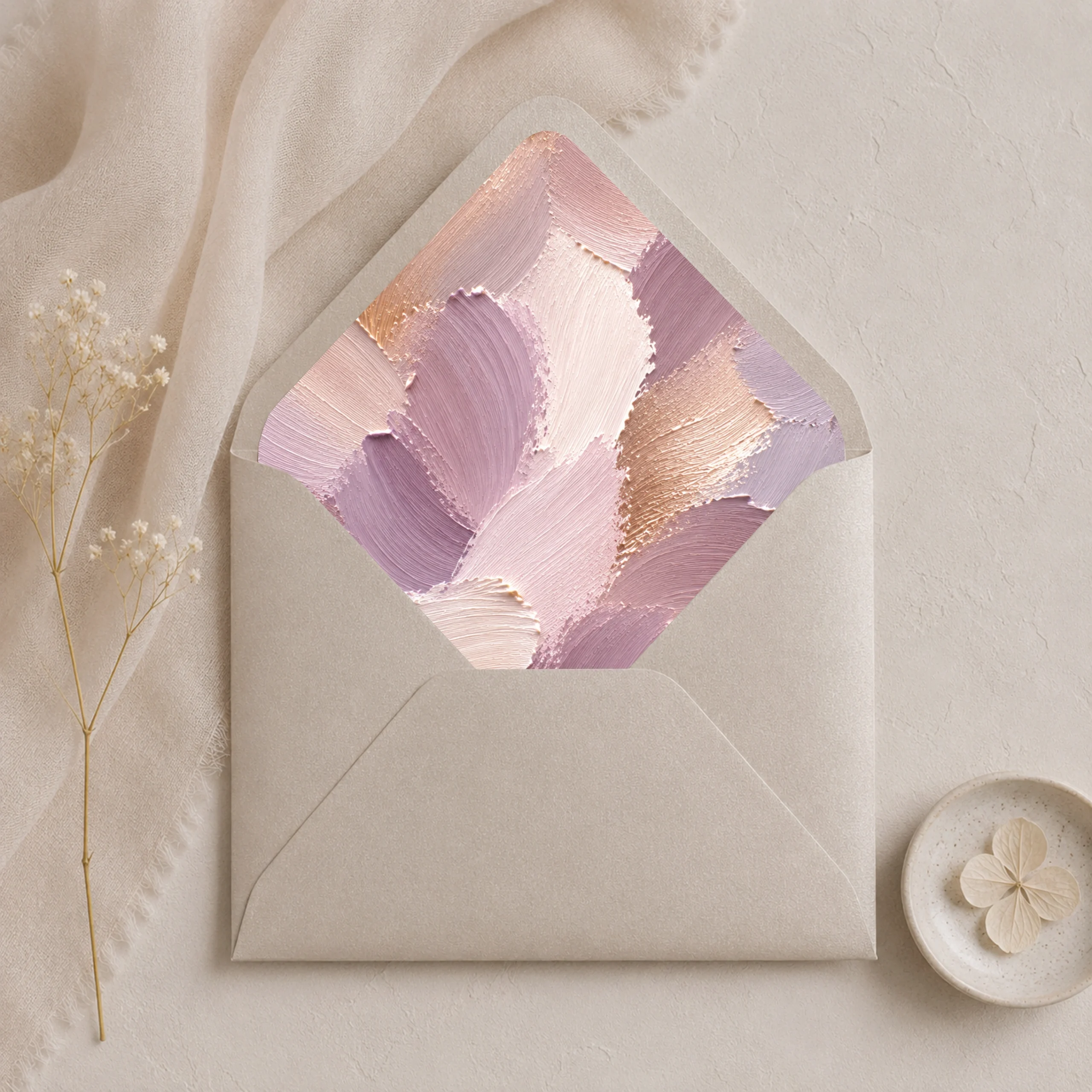 Metallic Sand envelope with the Lavender Canvas envelope liner featuring textured painterly brushstrokes in lavender, mauve, champagne, ivory, blush pink, and warm taupe, styled for elegant wedding invitations.