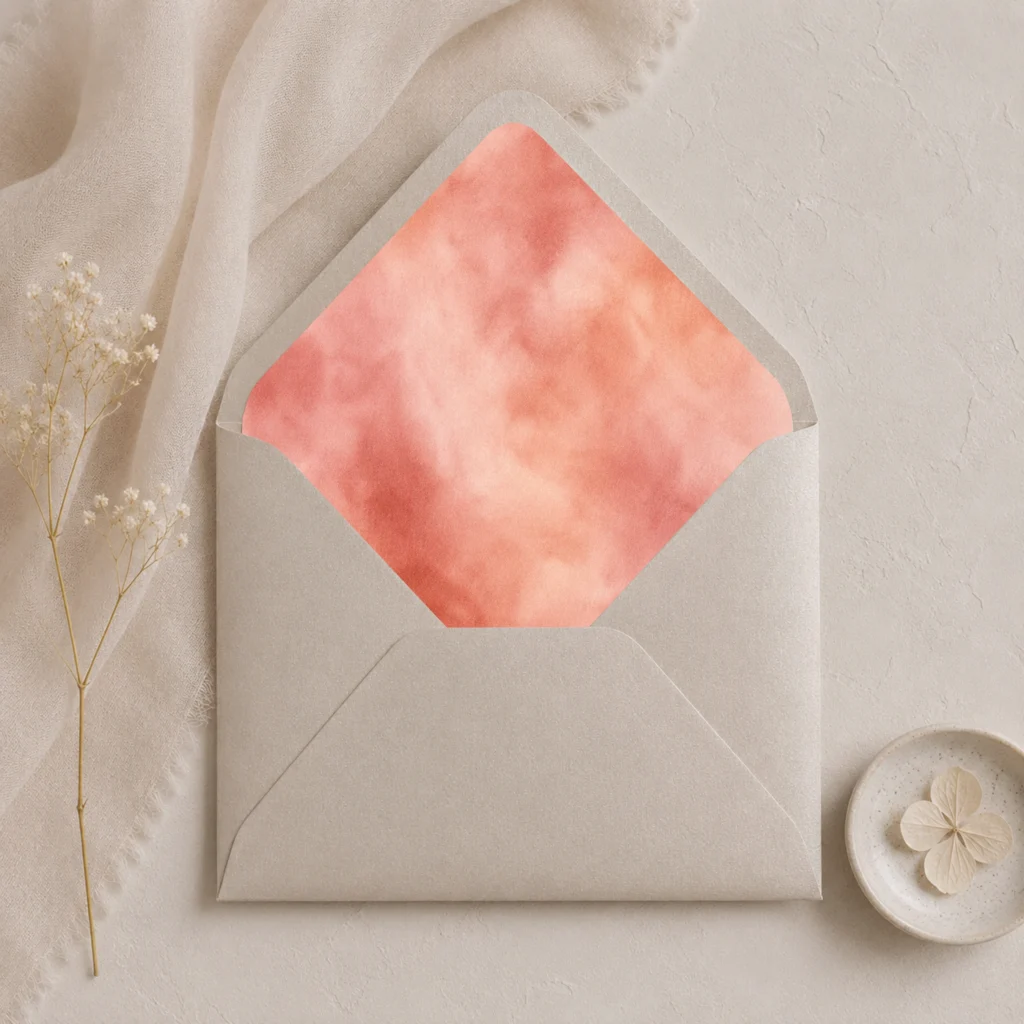 Metallic Sand envelope with the Terracotta Blush envelope liner featuring a soft watercolor blend of terracotta, coral, blush pink, peach, and warm rose tones, styled for elegant wedding invitations.