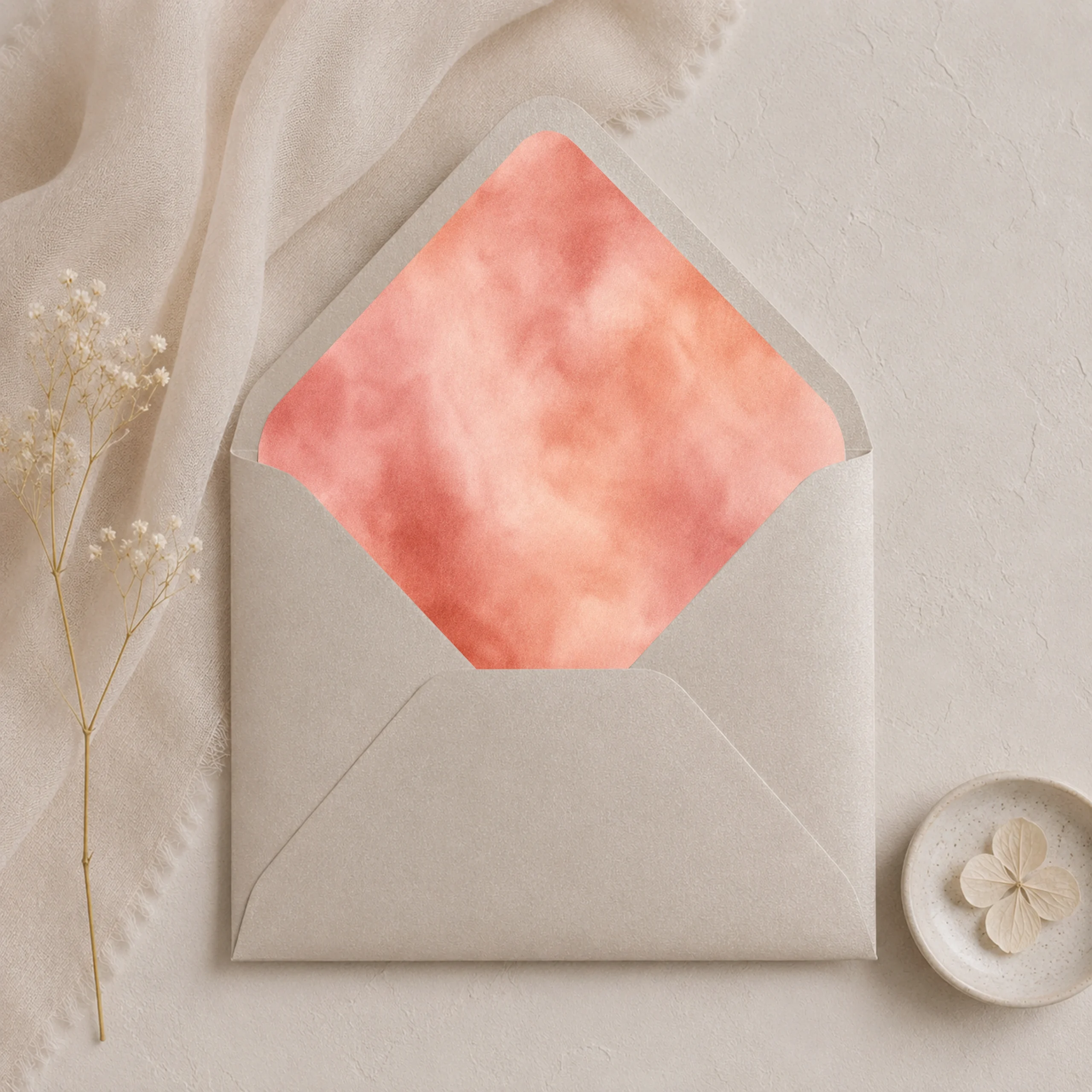 Metallic Sand envelope with the Terracotta Blush envelope liner featuring a soft watercolor blend of terracotta, coral, blush pink, peach, and warm rose tones, styled for elegant wedding invitations.