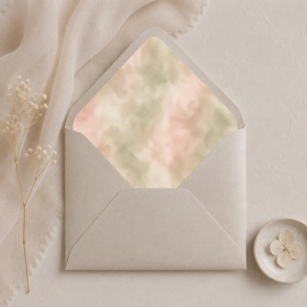 Metallic Sand envelope with the Sage Blush Envelope Liner Template featuring soft watercolor sage green, blush pink, cream, and beige tones for elegant wedding invitations.