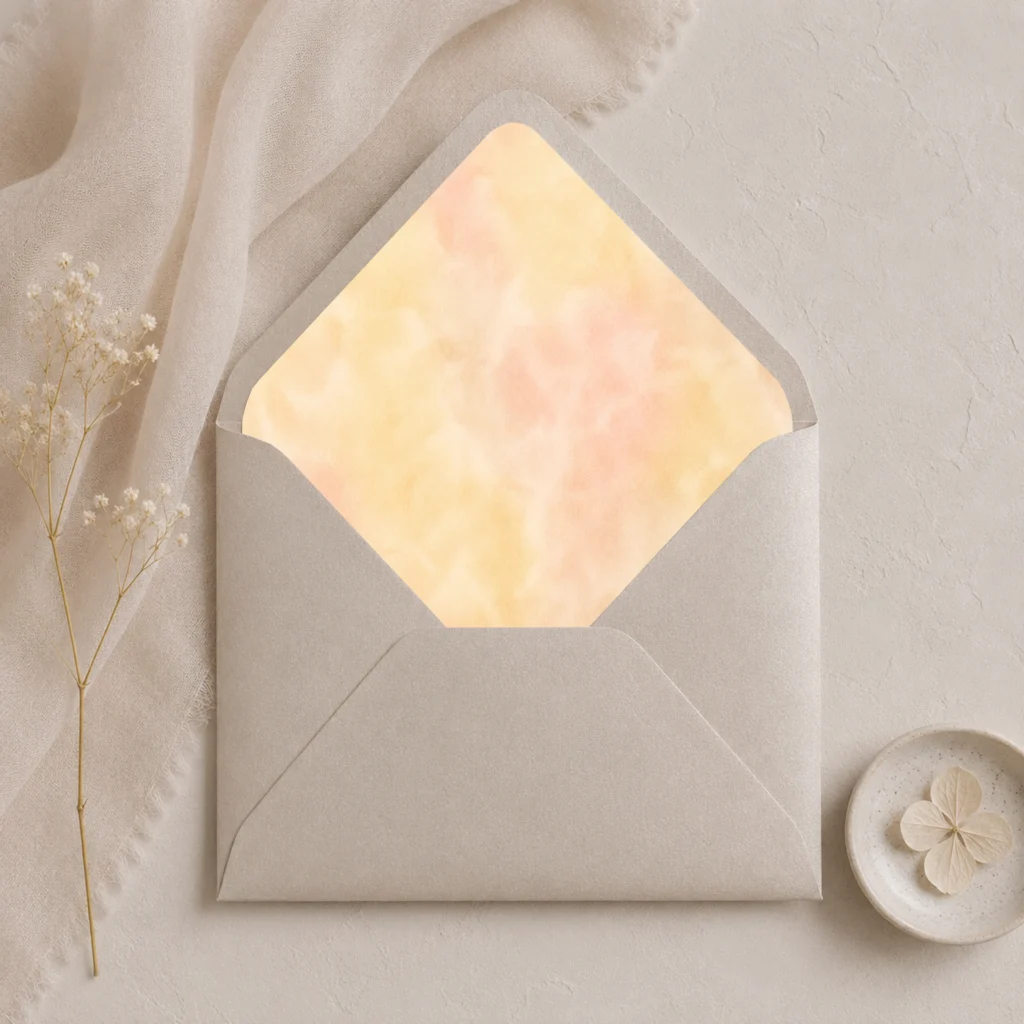 Butter Blush Envelope Liner Template displayed inside a Metallic Sand envelope with soft butter yellow and blush watercolor design for elegant wedding invitations.