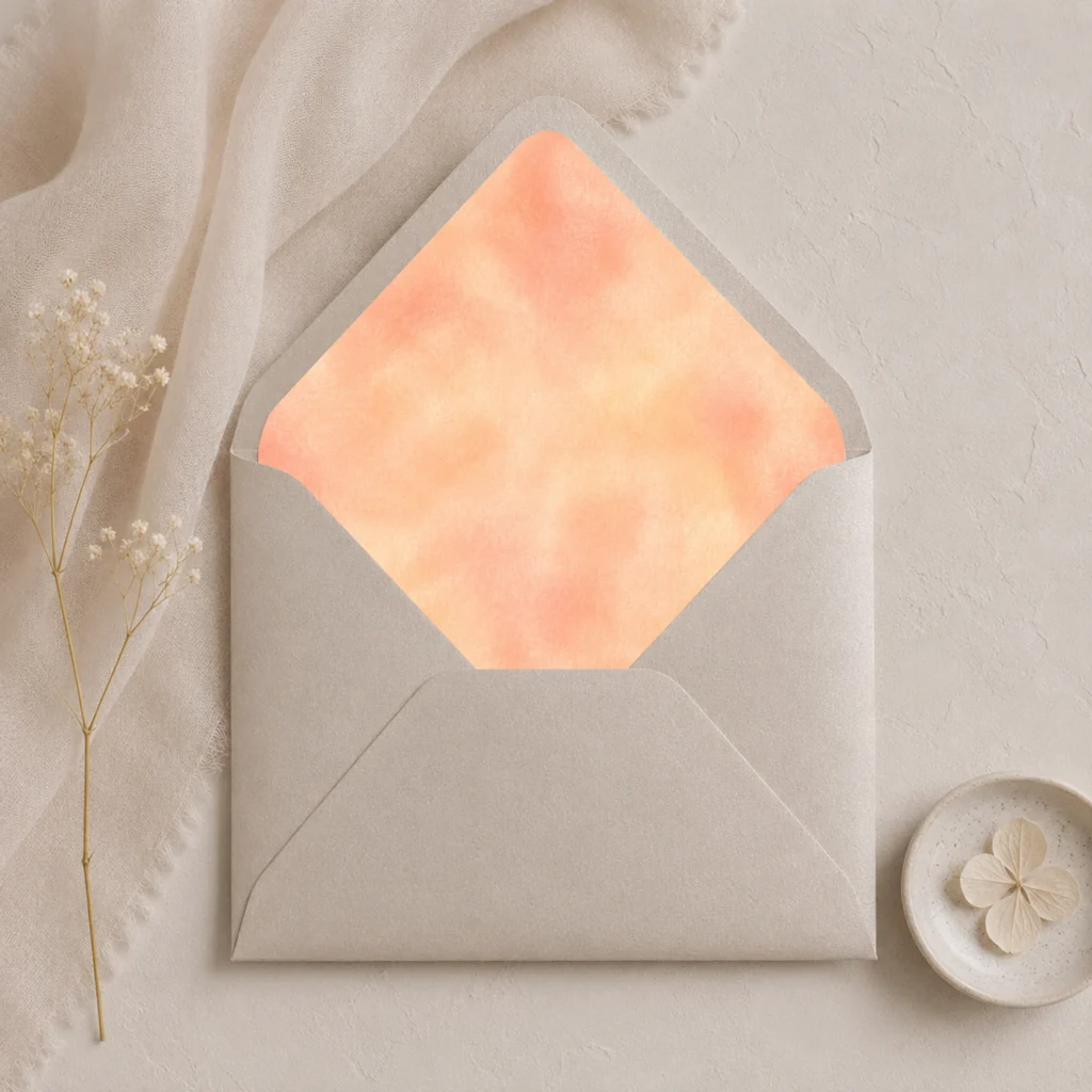 Metallic Sand envelope featuring the Champagne Peach Envelope Liner Template with soft champagne and peach watercolor design for elegant wedding invitations.