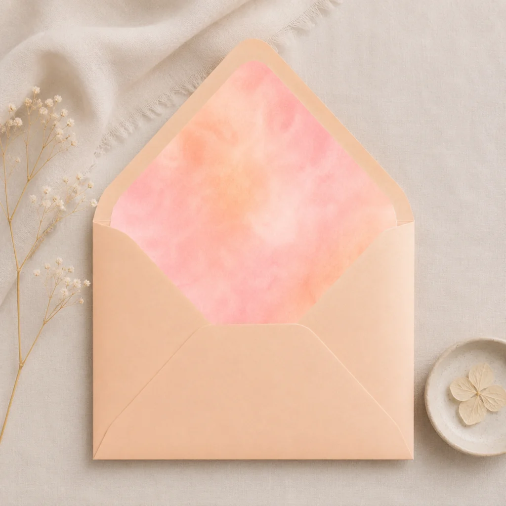 Apricot envelope with Apricot Blush watercolor envelope liner in soft peach and blush tones, creating a warm and romantic wedding invitation presentation.