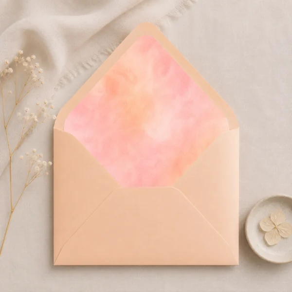 Apricot envelope with Apricot Blush watercolor envelope liner in soft peach and blush tones, creating a warm and romantic wedding invitation presentation.