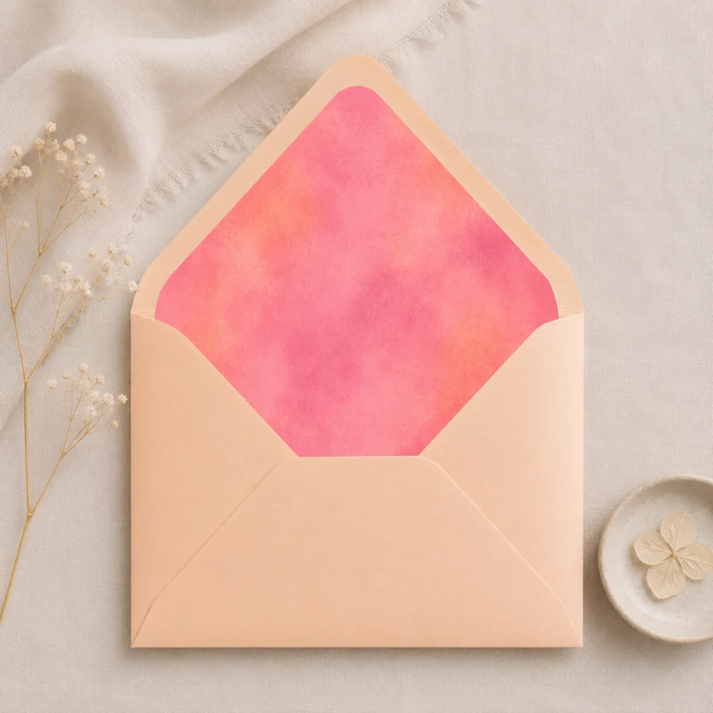 Blush Velvet envelope liner inside an apricot Euro flap envelope, creating a warm, romantic look for wedding invitations and elegant stationery.