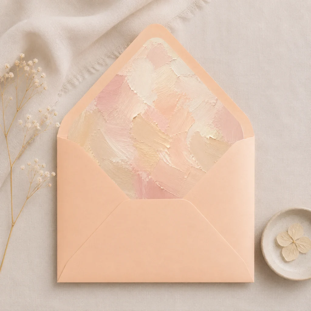 Apricot envelope with the Champagne Canvas envelope liner featuring painterly brushstrokes in champagne, blush pink, ivory, and warm cream, styled for elegant wedding invitations.