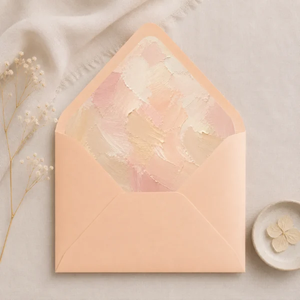 Apricot envelope with the Champagne Canvas envelope liner featuring painterly brushstrokes in champagne, blush pink, ivory, and warm cream, styled for elegant wedding invitations.