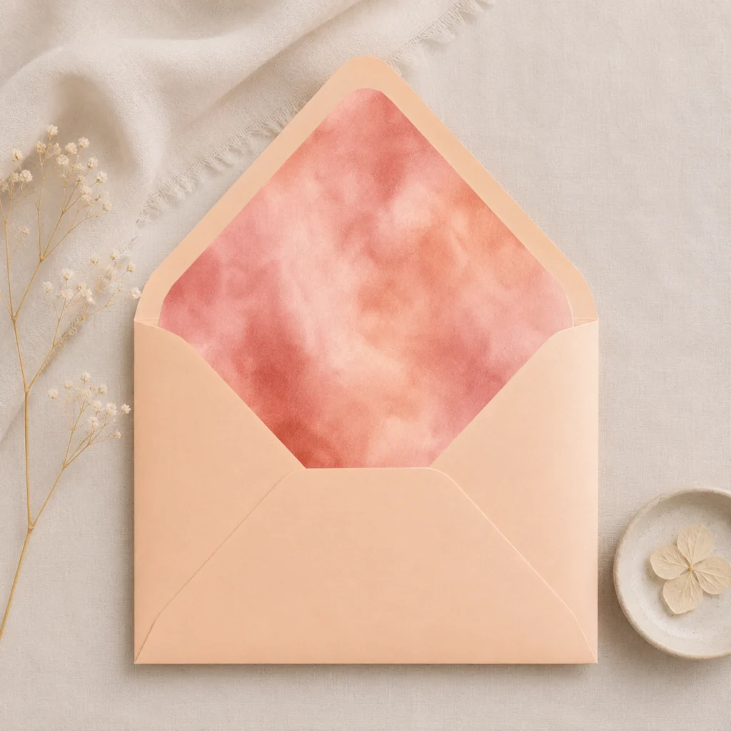 Apricot envelope with the Terracotta Blush envelope liner featuring a soft watercolor blend of terracotta, coral, blush pink, peach, and warm rose tones, styled for elegant wedding invitations.