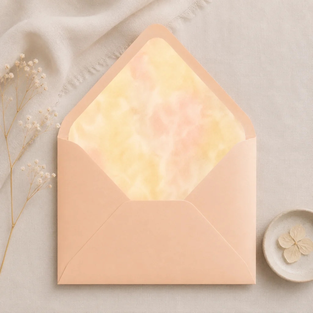 Butter Blush Envelope Liner Template inside an Apricot envelope featuring soft butter yellow and blush watercolor tones for elegant wedding invitations.