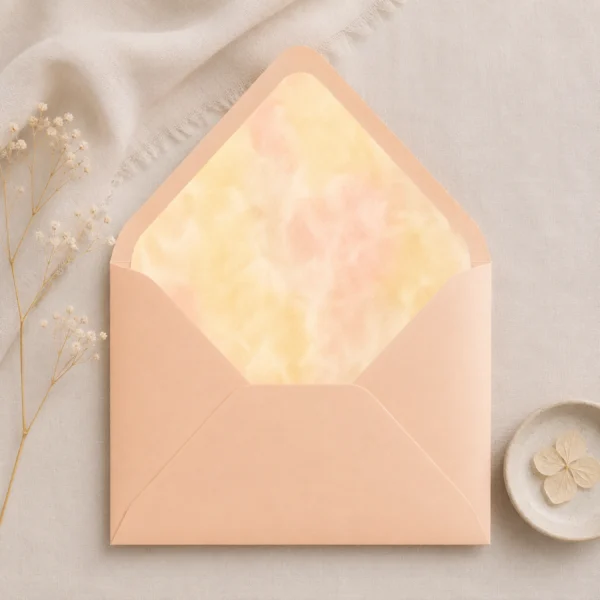 Butter Blush Envelope Liner Template inside an Apricot envelope featuring soft butter yellow and blush watercolor tones for elegant wedding invitations.