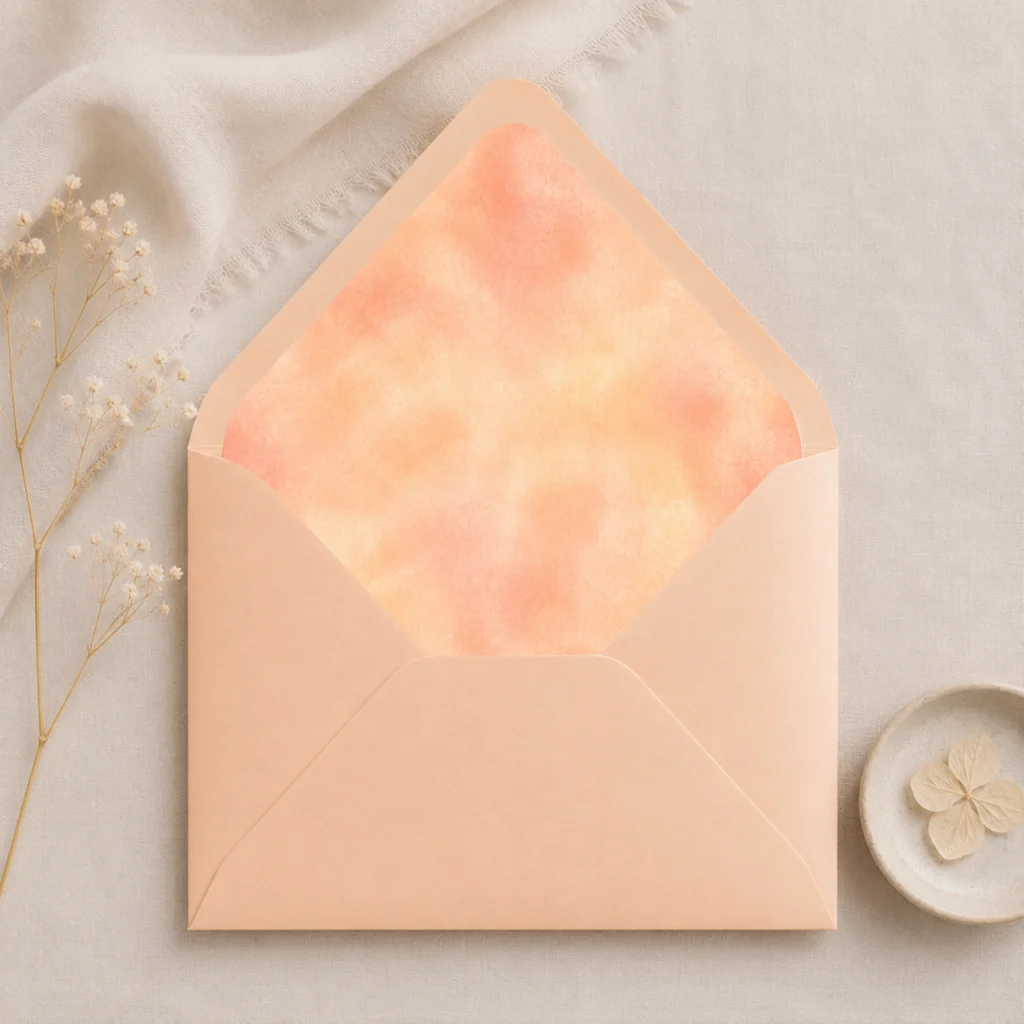 Apricot envelope featuring the Champagne Peach Envelope Liner Template with soft champagne and peach watercolor artwork for elegant wedding invitations.