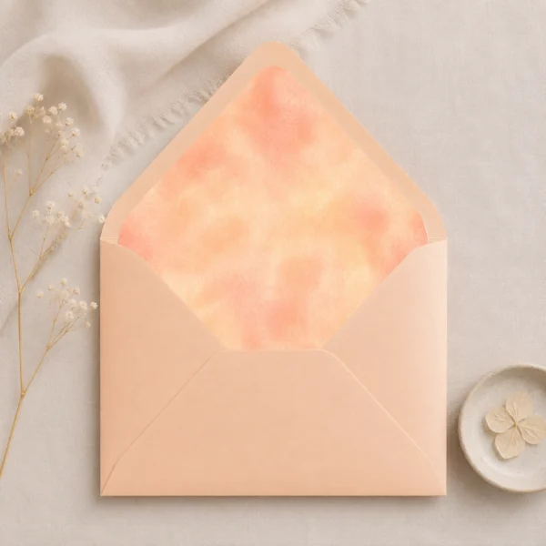 Apricot envelope featuring the Champagne Peach Envelope Liner Template with soft champagne and peach watercolor artwork for elegant wedding invitations.