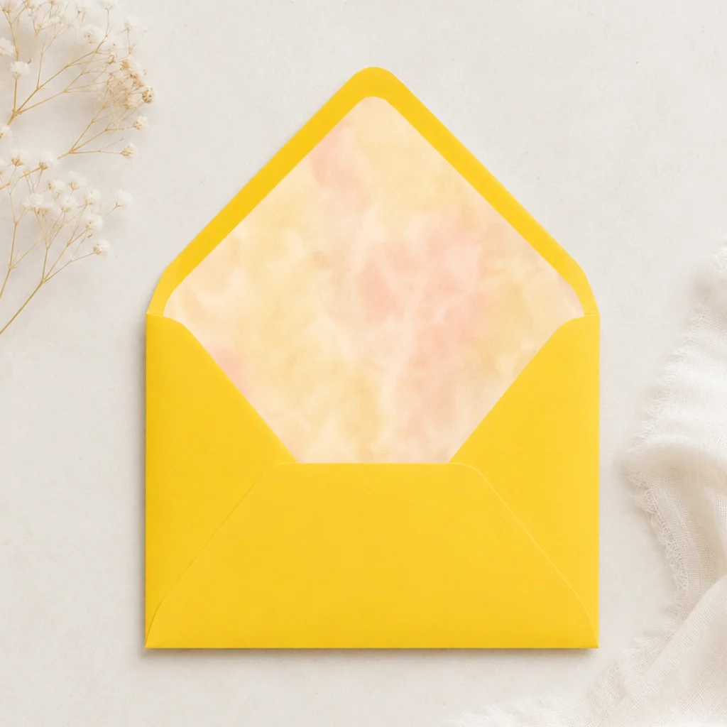 Butter Blush Envelope Liner Template displayed inside a Buttercup Yellow envelope with soft butter yellow and blush watercolor design for wedding invitations.