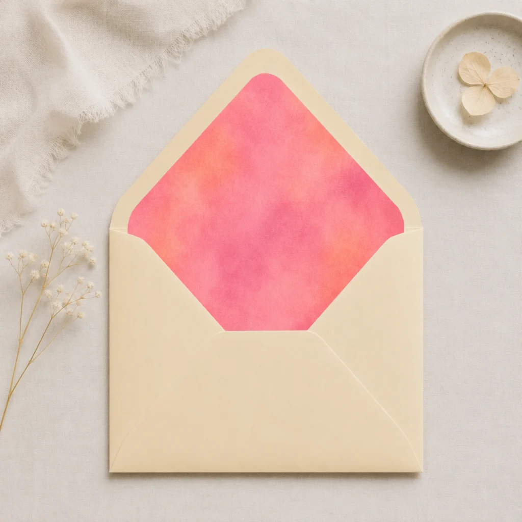 Blush Velvet envelope liner inside a chamois Euro flap envelope, creating a soft and timeless combination for elegant wedding invitations and luxury stationery.