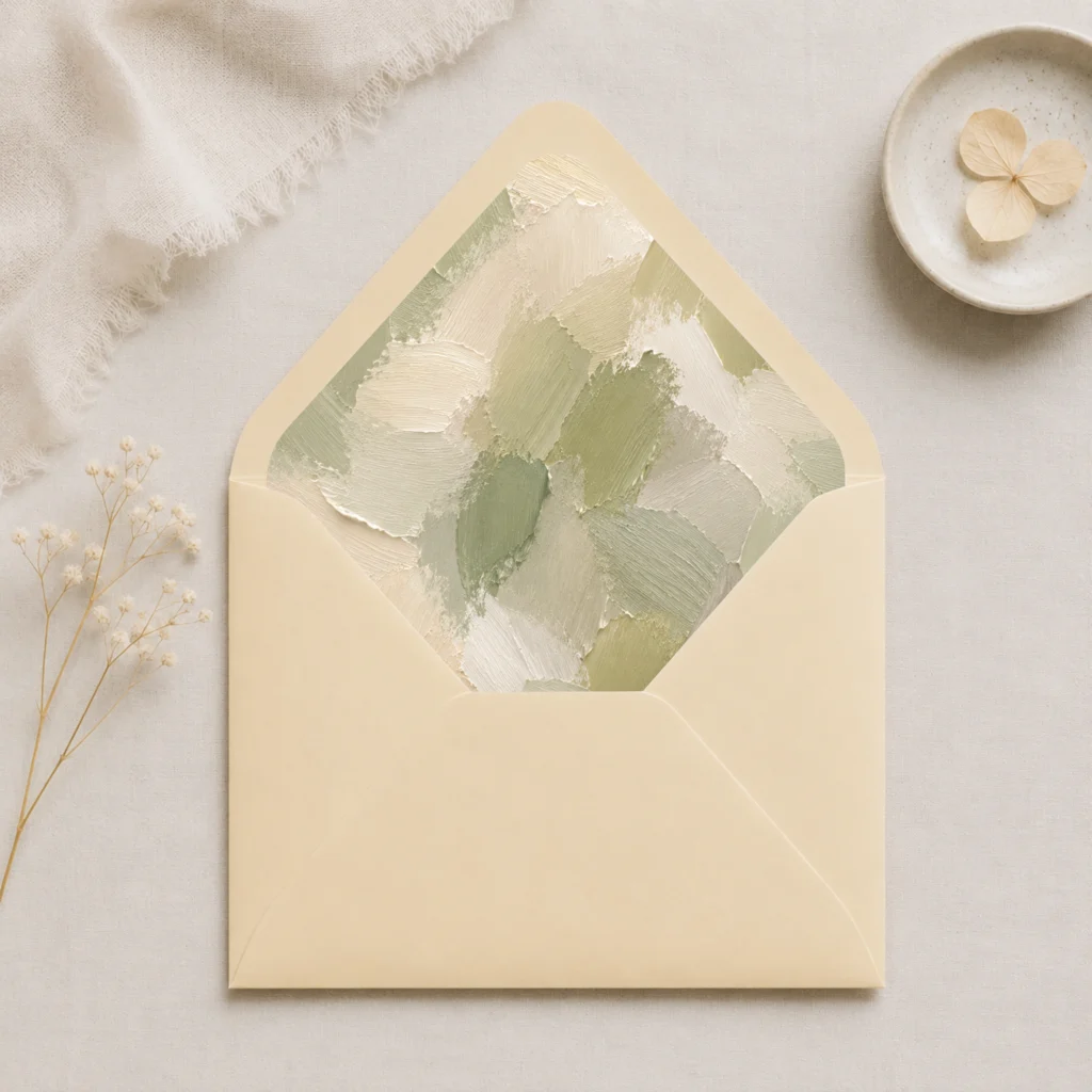 Chamois envelope featuring the Sage Canvas Envelope Liner Template with textured sage green, ivory, and cream brushstroke artwork for elegant wedding invitations.