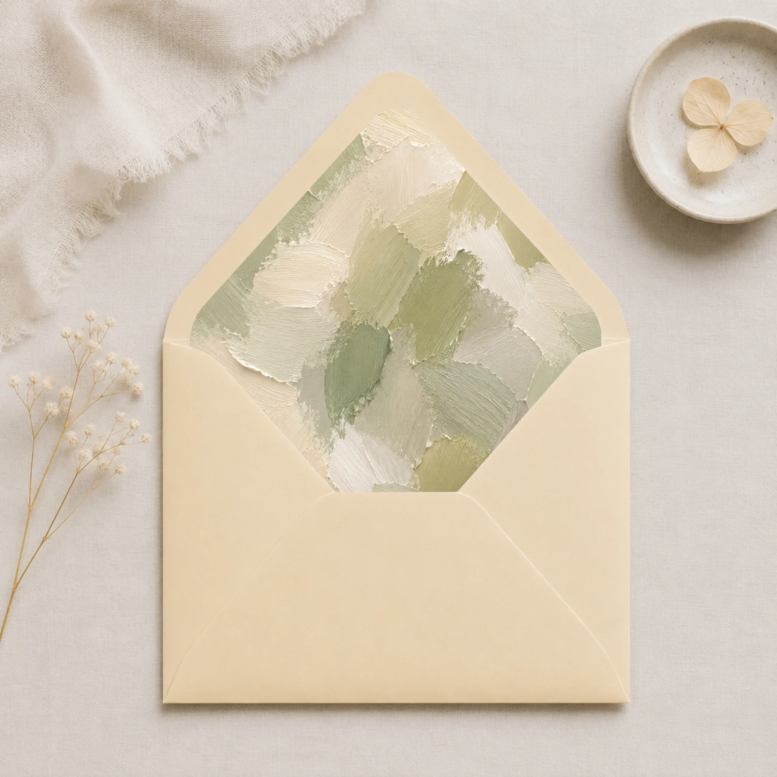 Chamois envelope featuring the Sage Canvas Envelope Liner Template with textured sage green, ivory, and cream brushstroke artwork for elegant wedding invitations.
