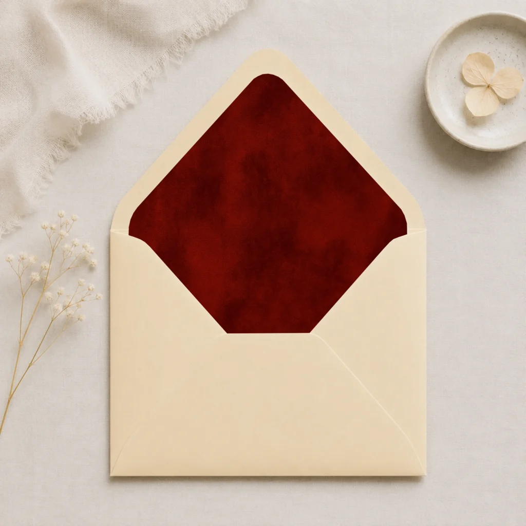 Chamois envelope with the Burgundy Velvet Envelope Liner Template featuring a rich deep burgundy watercolor texture for elegant wedding invitations.
