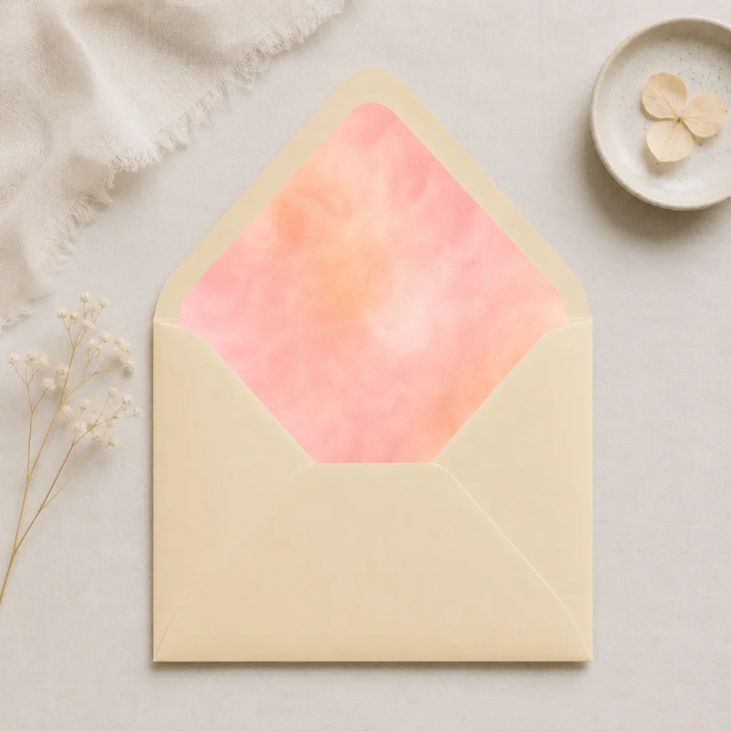 Chamois envelope with Apricot Blush watercolor envelope liner in soft peach and blush tones, perfect for elegant wedding invitations and romantic stationery.